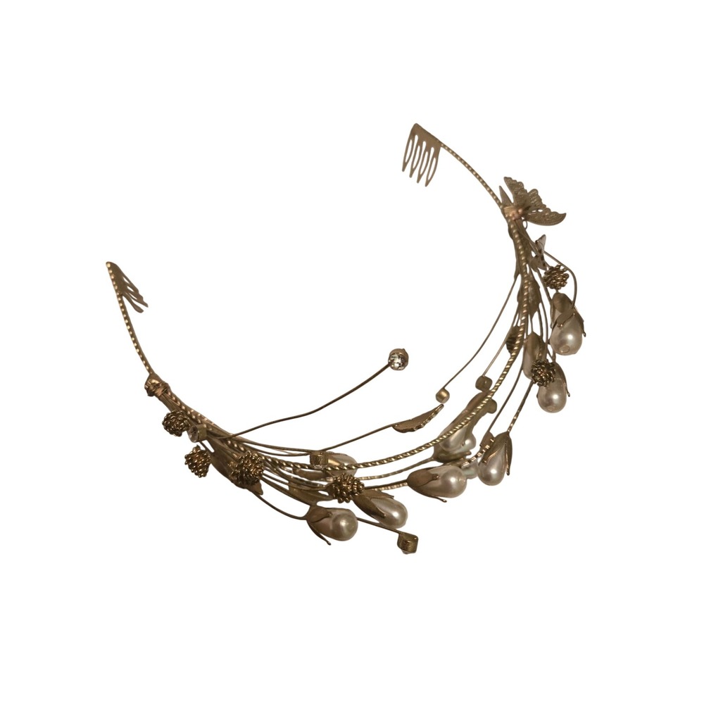 Gold Pearl Crystal Bridal Tiara Headband Floral Wedding Hair Accessory - Picture 3 of 4